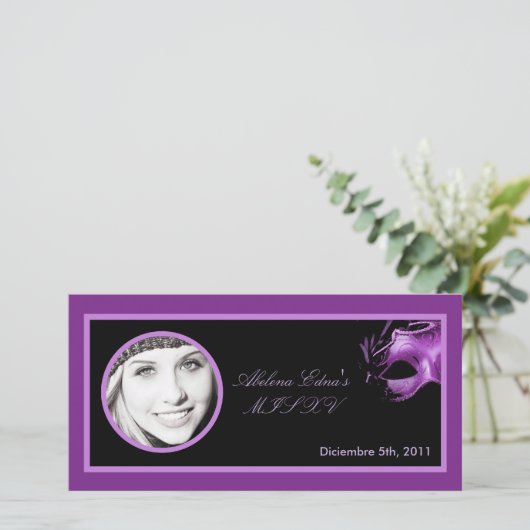 4x8 Mis XV violet Lilac Black Party Faire-part (Debout devant)