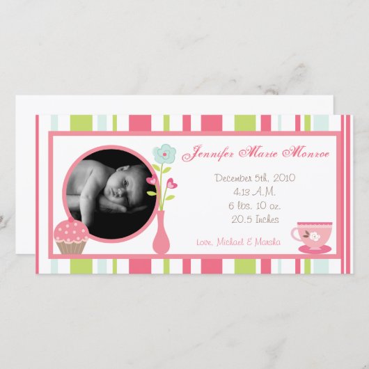 4x8 Tea Party Pink Pastel Faire-part de naissance (Devant / Derrière)