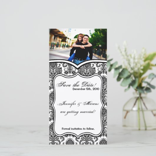 4x8 Uitnodigingskaart Zwart Wit Damast Lac Save The Date (Staand voorkant)