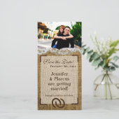 4x8 Verloving Hoefijzers op Burlap Save The Date (Staand voorkant)