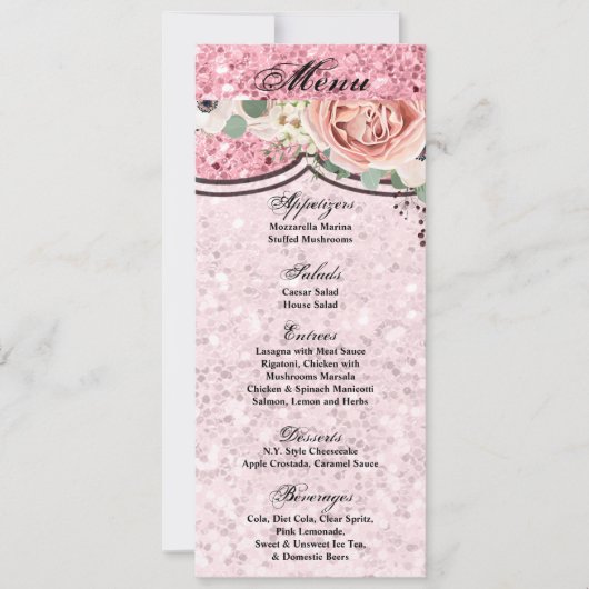 4x9.25 Cartes de menu Parties scintillant de Rose  (Devant)