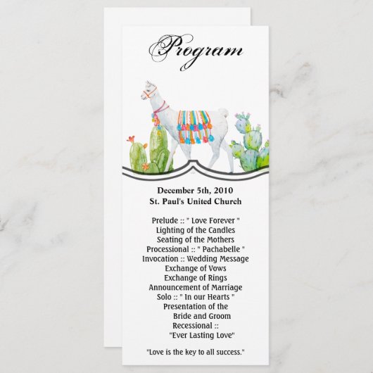 4x9.25 Cartes de programme Boho Llama Cactus bohèm (Devant / Derrière)