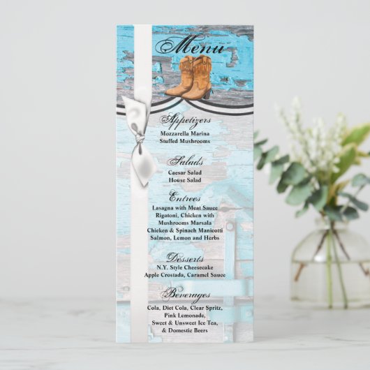 4x9.25 Menu Kaarten Blauw Hout Schuur Deurlaarzen (Staand voorkant)