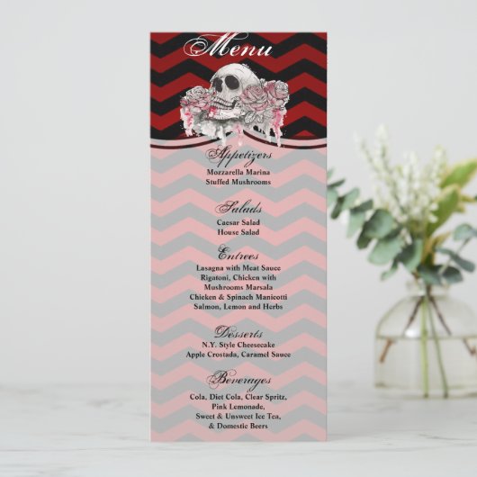 4x9.25 Menu Kaarten schedel Roos Gotische Chevron (Staand voorkant)