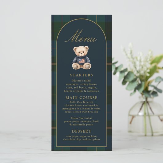 4x9" Classic Teddy Bear Plaid Baby Shower Menu (Debout devant)