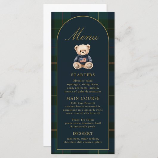 4x9" Classic Teddy Bear Plaid Baby Shower Menu (Devant / Derrière)