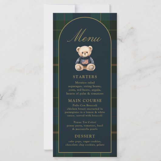 4x9" Classic Teddy Bear Plaid Baby Shower Menu (Devant)