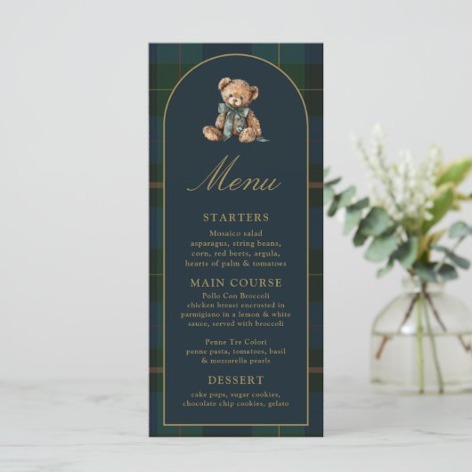 4x9" Classic Teddy Bear Plaid Baby Shower Menu (Debout devant)