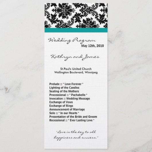 4x9 Wedding Program - Black Damask Blauwgroen Turq Programma (Voorkant)