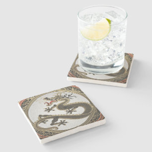 [500] Black and Gold Sacred Eastern Dragon Stenen Onderzetter