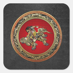 [500] Hokusai - Shoki Riding Shishi Lion Vierkante Sticker