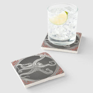 [500] Sacred Silver Octopus in Defensief Posture Stenen Onderzetter