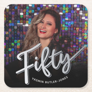 50 50ste verjaardag aangepaste foto zilveren kleur vierkante kartonnen onderzetter