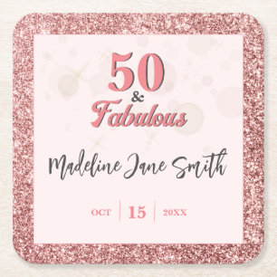 50 and Fabulous Birthday Elegant Roos Roze Glitter Vierkante Kartonnen Onderzetter
