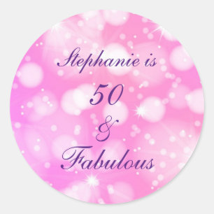50 and Fabulous Birthday Pink Rose Paarse glitter Ronde Sticker