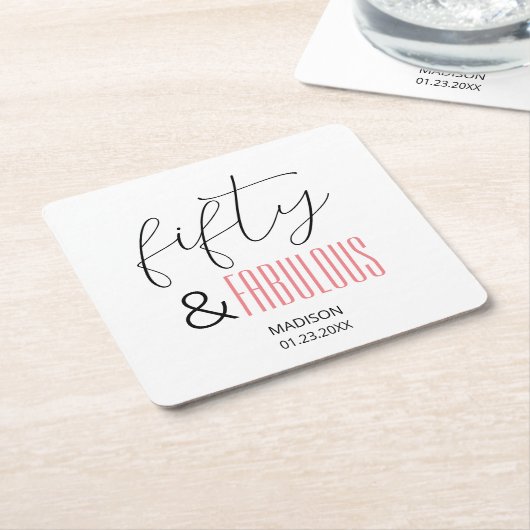 50 and Fabulous Custom 50th Birthday Modern Script Vierkante Kartonnen Onderzetter (Schuin)