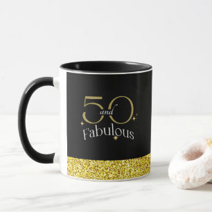 50 and Fabulous Elegant Script Zwart Goud Glitter Mok