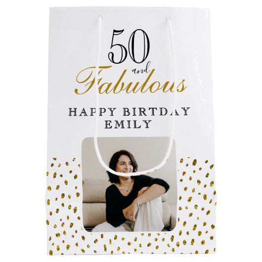 50 and Fabulous Gold Glitter Photo 50th Birthday Medium Cadeauzakje (Achterkant)