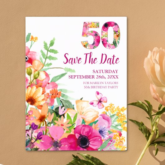 50 ans fleurs date anniversaire carte postale 50e 