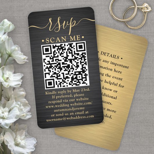 50 Cartes de réponse QR RSVP noires et dorées pour