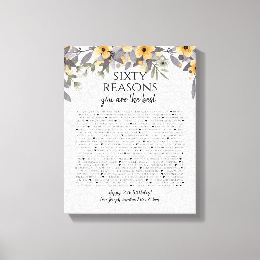 50 dingen waar we van houden, zilvergele bloemen canvas afdruk (Voorkant)