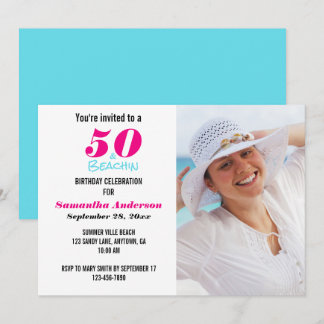 50 en Beachin Birthday Party Photo Invitation Kaart
