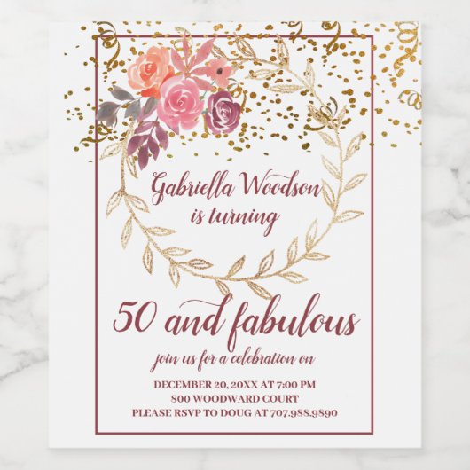 50 en bruine bruistroze marsala Floral I Wijn Etiket (Enkel label)