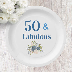 50 en Fabulous 50th Birthday Blue Paper Borden Papieren Bordje