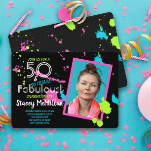 50 en Fabulous 80s Retro Paint Splatter Birthday Kaart
