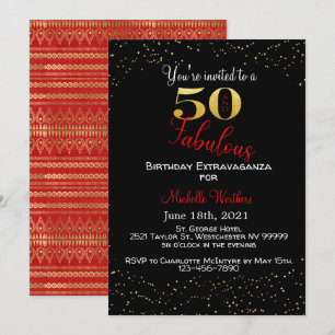 50 en Fabulous Birthday Black Red Gold Glitter Kaart
