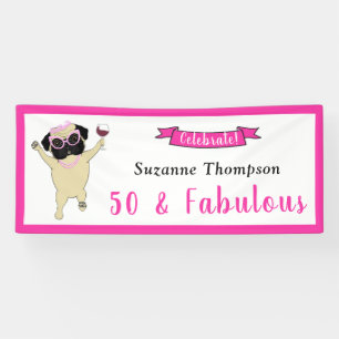 50 en Fabulous Birthday Bright Pink met Diva Pug Spandoek