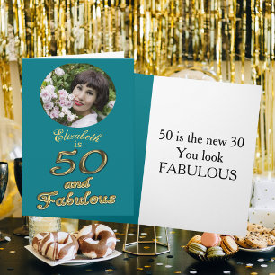 50 en Fabulous Birthday Gold Blauwgroen Blauw 50e  Kaart