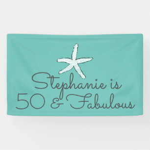 50 en Fabulous Birthday Starfish Beach Blauwgroen  Spandoek