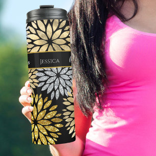50 en Fabulous Black Gold Silver Dahlia Pattern Thermosbeker