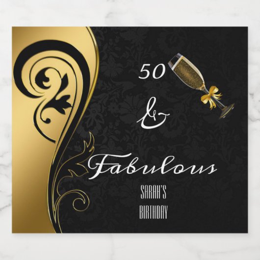 50 en Fabulous Black & Gold Verjaardag Sparkling Wijnetiket (Enkel label)