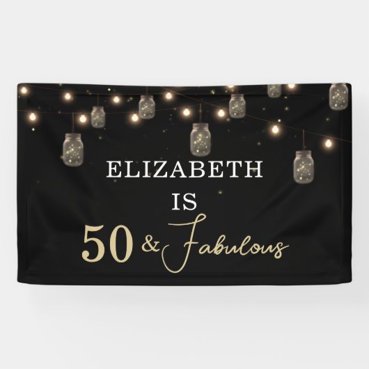 50 en Fabulous Black met String Lights Spandoek (Horizontaal)