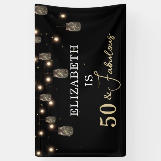 50 en Fabulous Black met String Lights Spandoek (Verticaal)