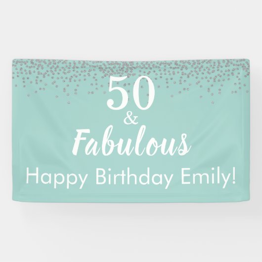 50 en Fabulous Blauwgroen Glitter 50th Birthday Ba Spandoek (Horizontaal)