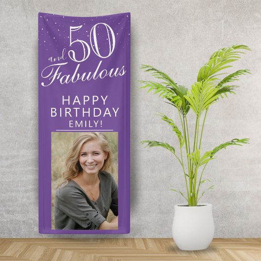 50 en Fabulous Chic Script Paarse Foto Feest Spandoek