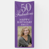 50 en Fabulous Chic Script Paarse Foto Feest Spandoek (Verticaal)