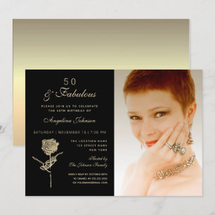 50 en Fabulous, Elegant Black Gold Floral Photo Kaart