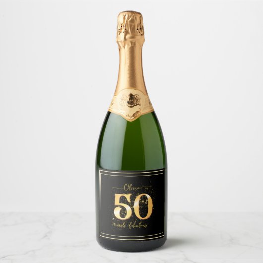 50 en Fabulous Elegant Goud Zwart Sparkling Wijnetiket (Voorkant)