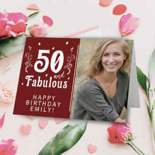 50 en Fabulous Foliage Red 50th Birthday Foto Kaart