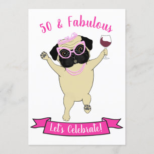 50 en Fabulous Funny Pug Diva Pink Birthday Kaart