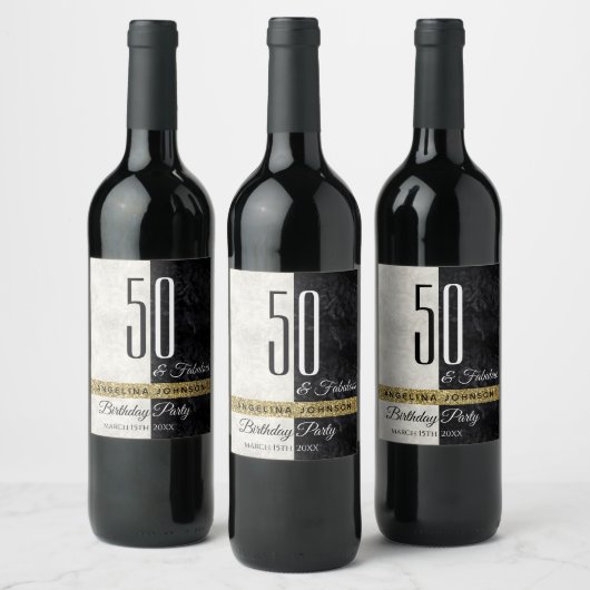 50 en Fabulous Glitter Goud Zwart & Wit Wijn Etiket (Flessen)