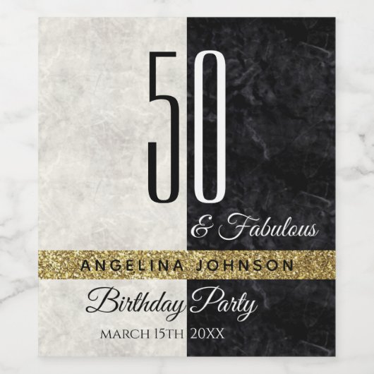 50 en Fabulous Glitter Goud Zwart & Wit Wijn Etiket (Enkel label)