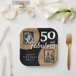 50 en Fabulous Gold Glitter 2 Foto 50e verjaardag Papieren Bordje