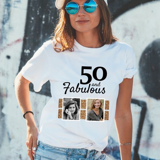 50 en Fabulous Gold Glitter 2 Foto 50e verjaardag T-shirt