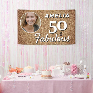 50 en Fabulous Gold Glitter 50th Birthday Foto Spandoek