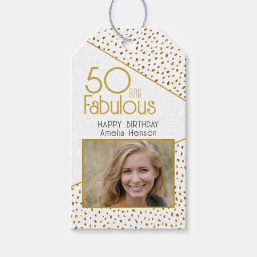 50 en Fabulous Gold Glitter Photo 50th Birthday Cadeaulabel (Voorkant)